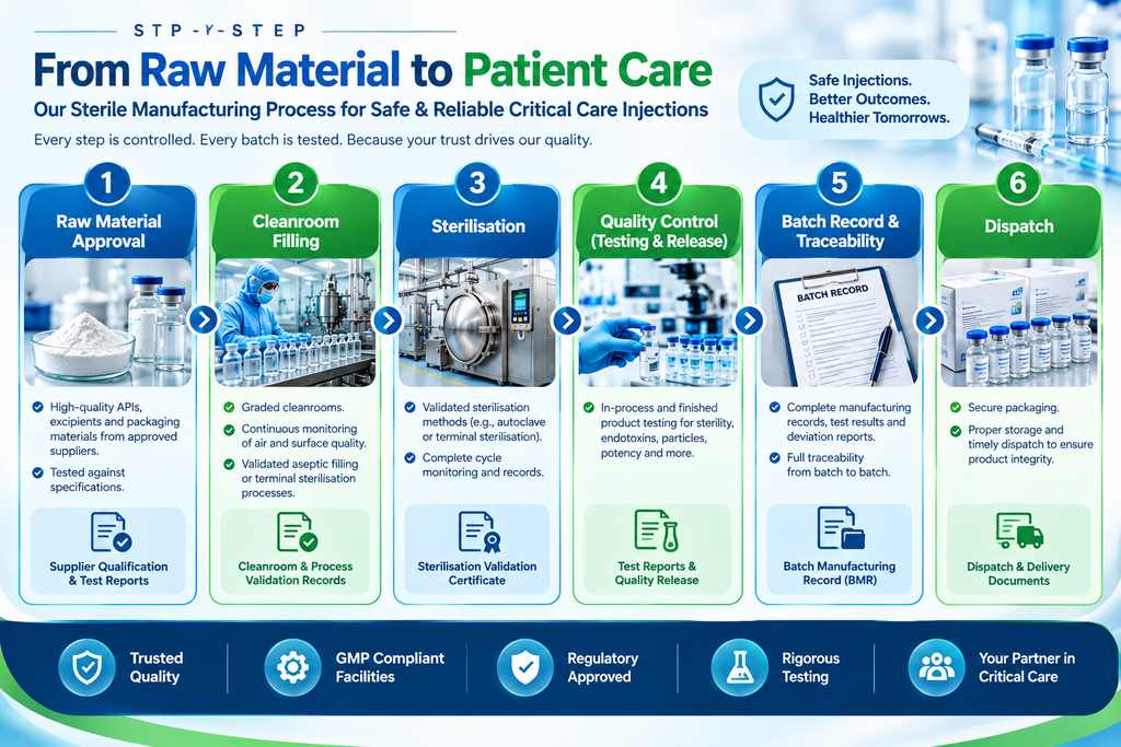 Sterile Manufacturing Process for Critical Care Injections – From Raw Material Approval to Quality Testing, Batch Traceability and Dispatch.